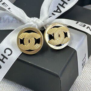 Genuine 18k Gold Plated Earrings Black Enamel GOLD CC Logo Chanel Luxury Glam